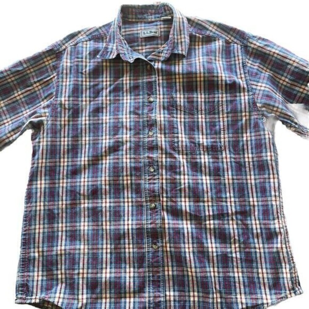 Vintage LL Bean Button Shirt Women’s Sz XL Short Sleeve Western Blue Red 90s